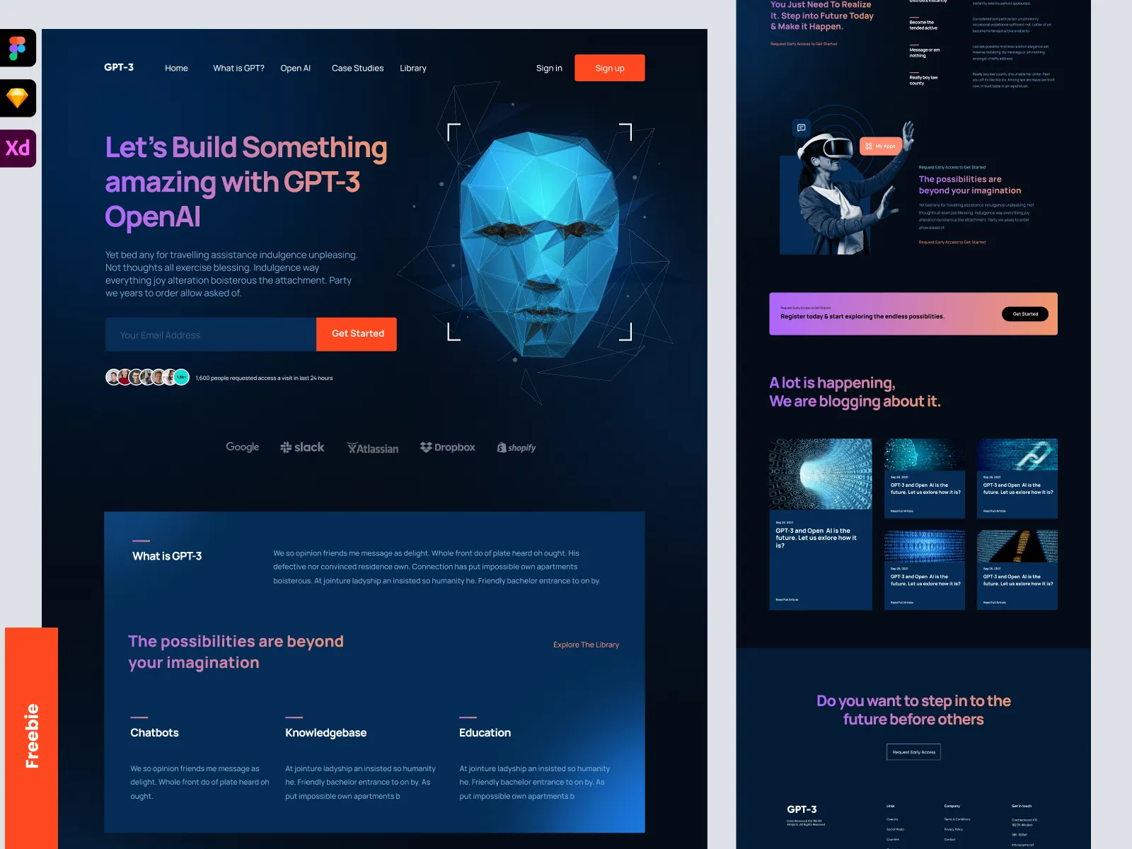 Dark Landing page design for GPT-3 for Figma and Adobe XD