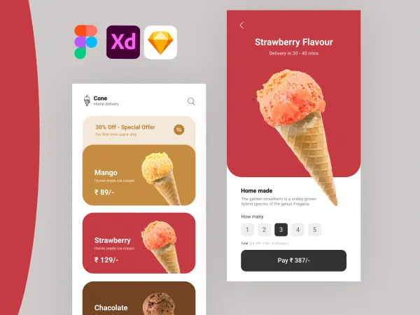Cone Ice-Cream Delivery App UI Kit for Figma and Adobe XD