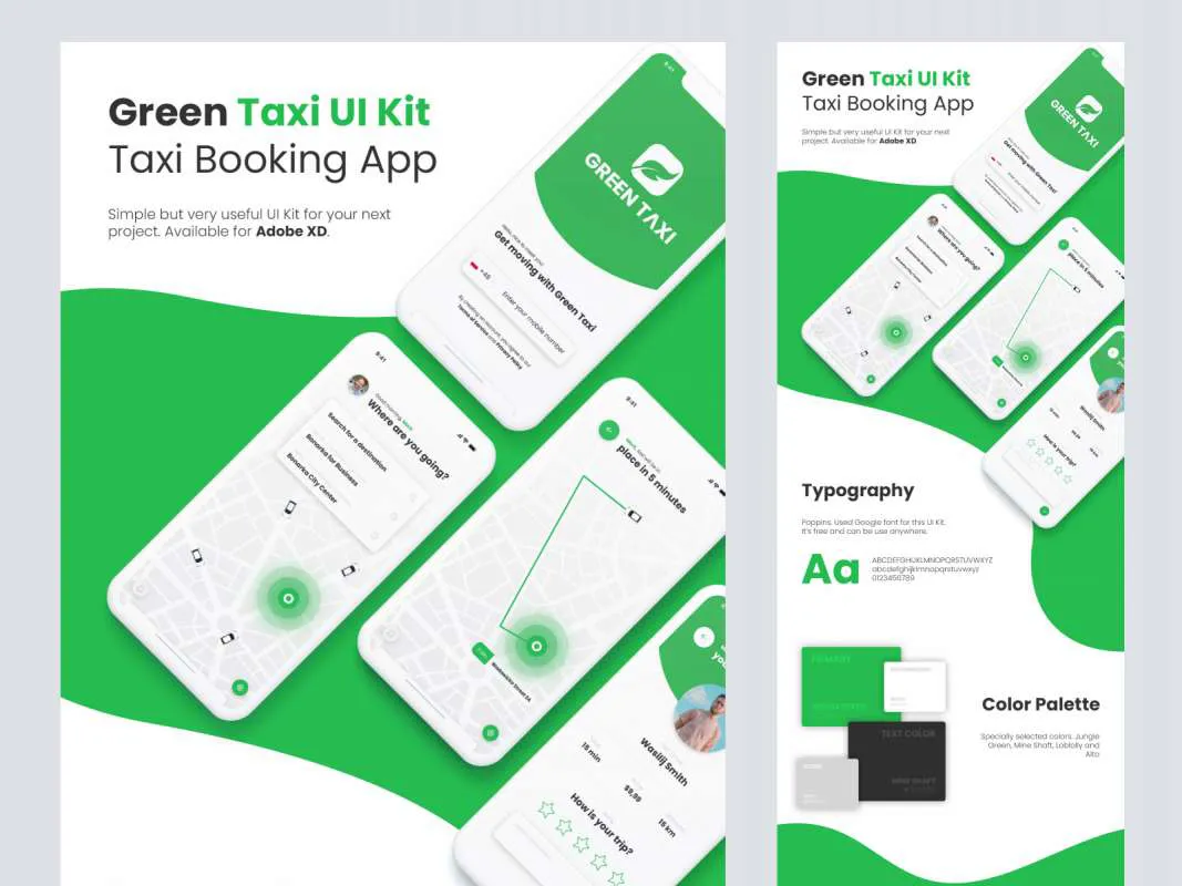 Green Taxi Free App UI Kit for Figma and Adobe XD No 1