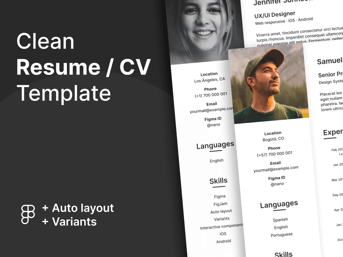 Clean Resume / CV Template for Figma and Adobe XD No 1