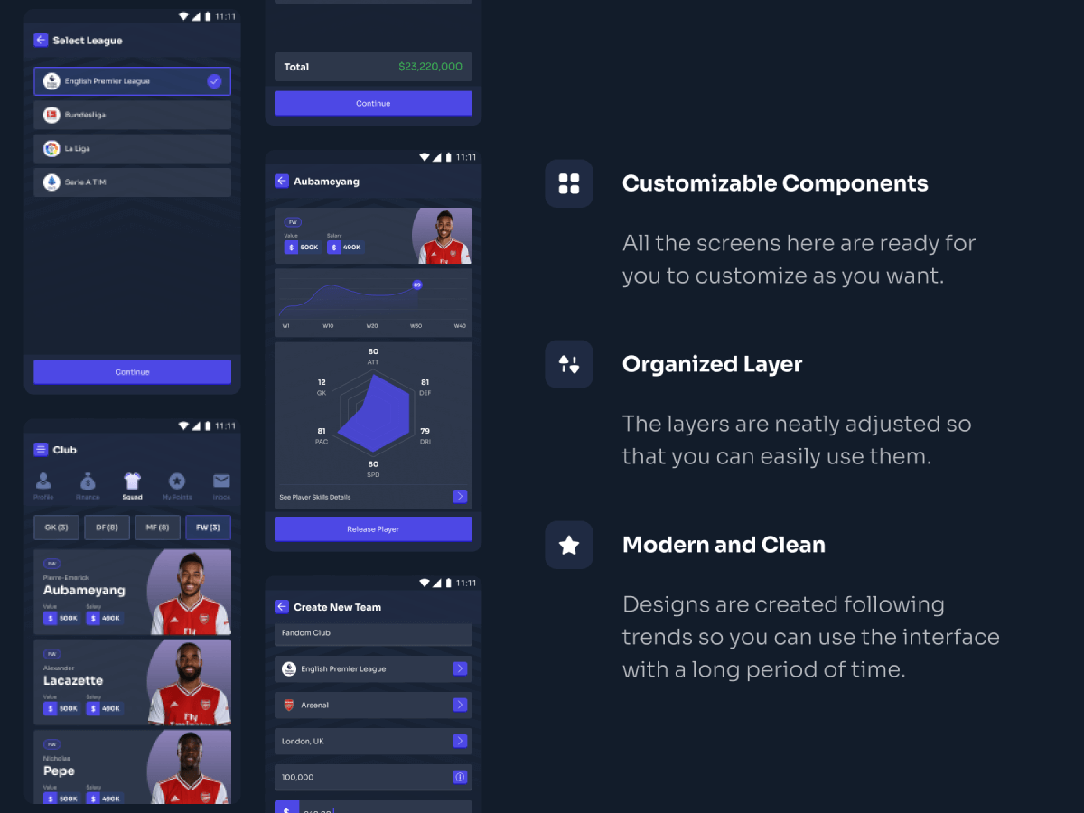 Football Manager Game UI Kit for Figma and Adobe XD