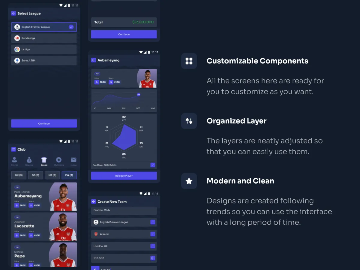 Football Manager Game UI Kit for Figma and Adobe XD