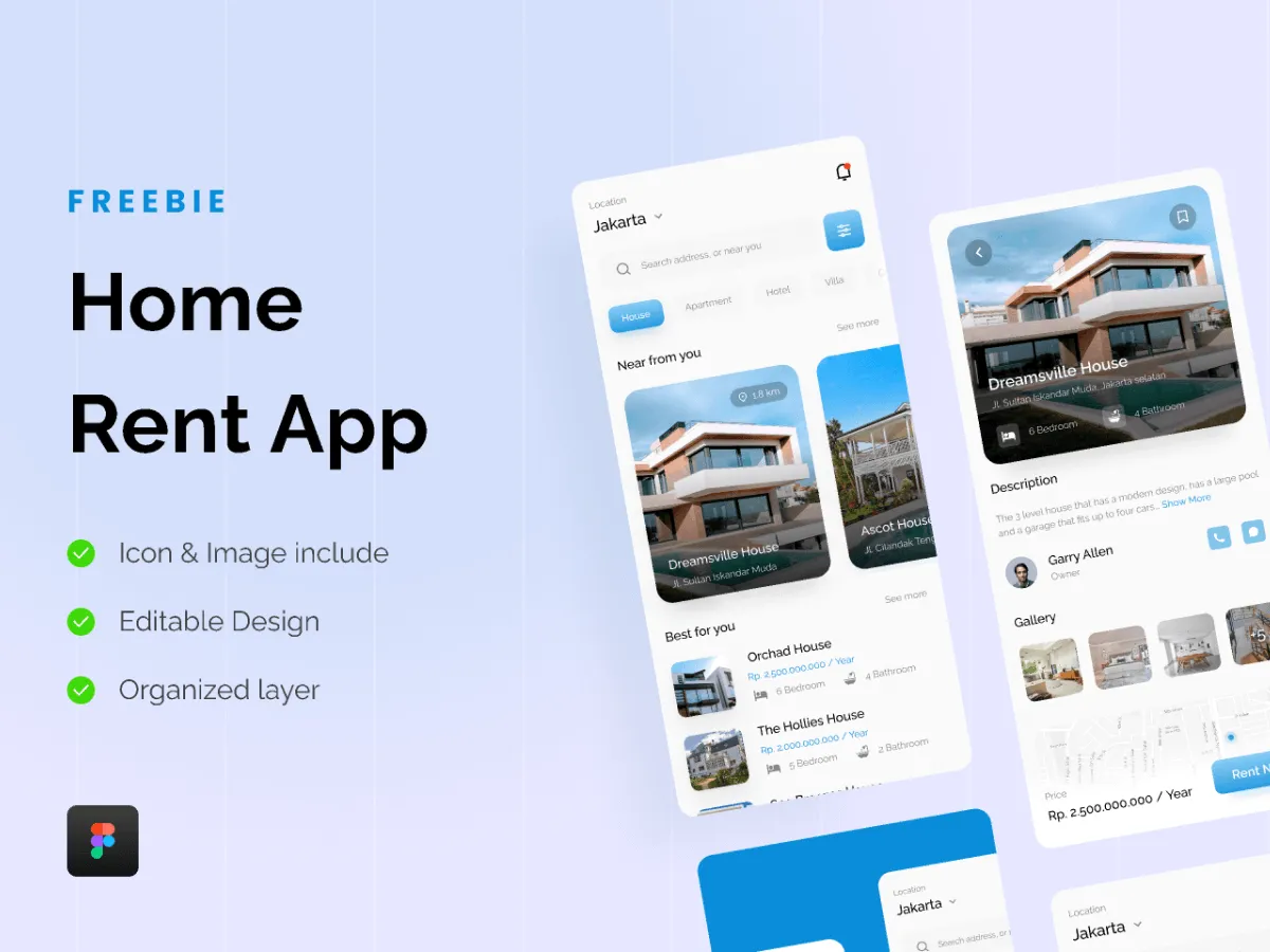 Home Rent App UI Design for Figma and Adobe XD