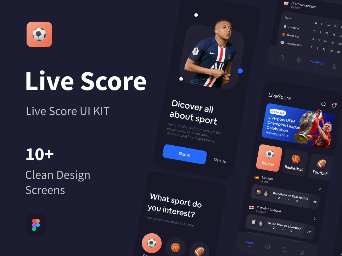 Live Sports Mobile UI Kit for Figma and Adobe XD No 1
