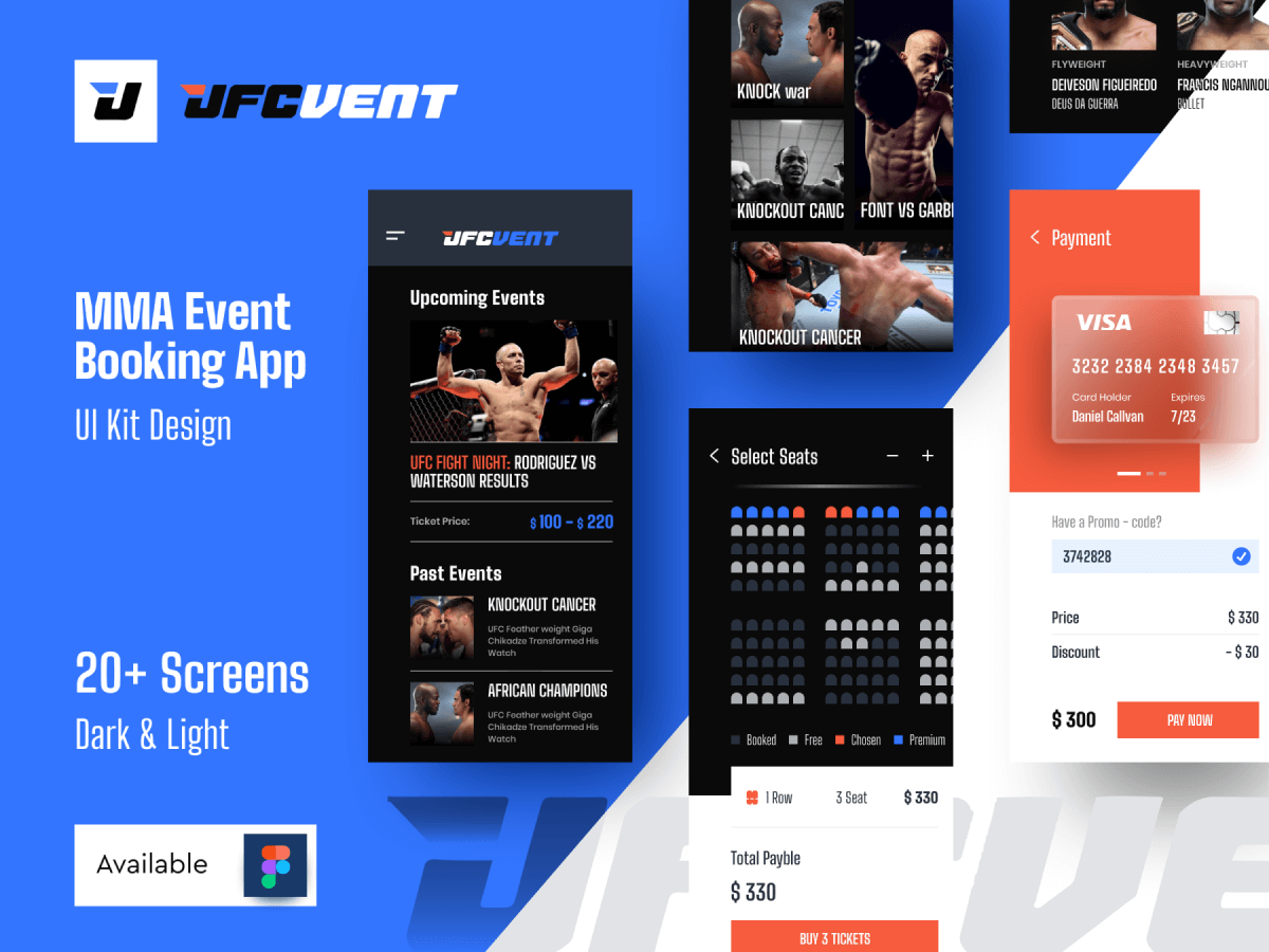 MMA Event Booking App UI Kit for Figma and Adobe XD