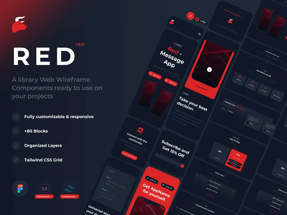 Red 2.0 � Wireframe UI Kit for Figma and Adobe XD