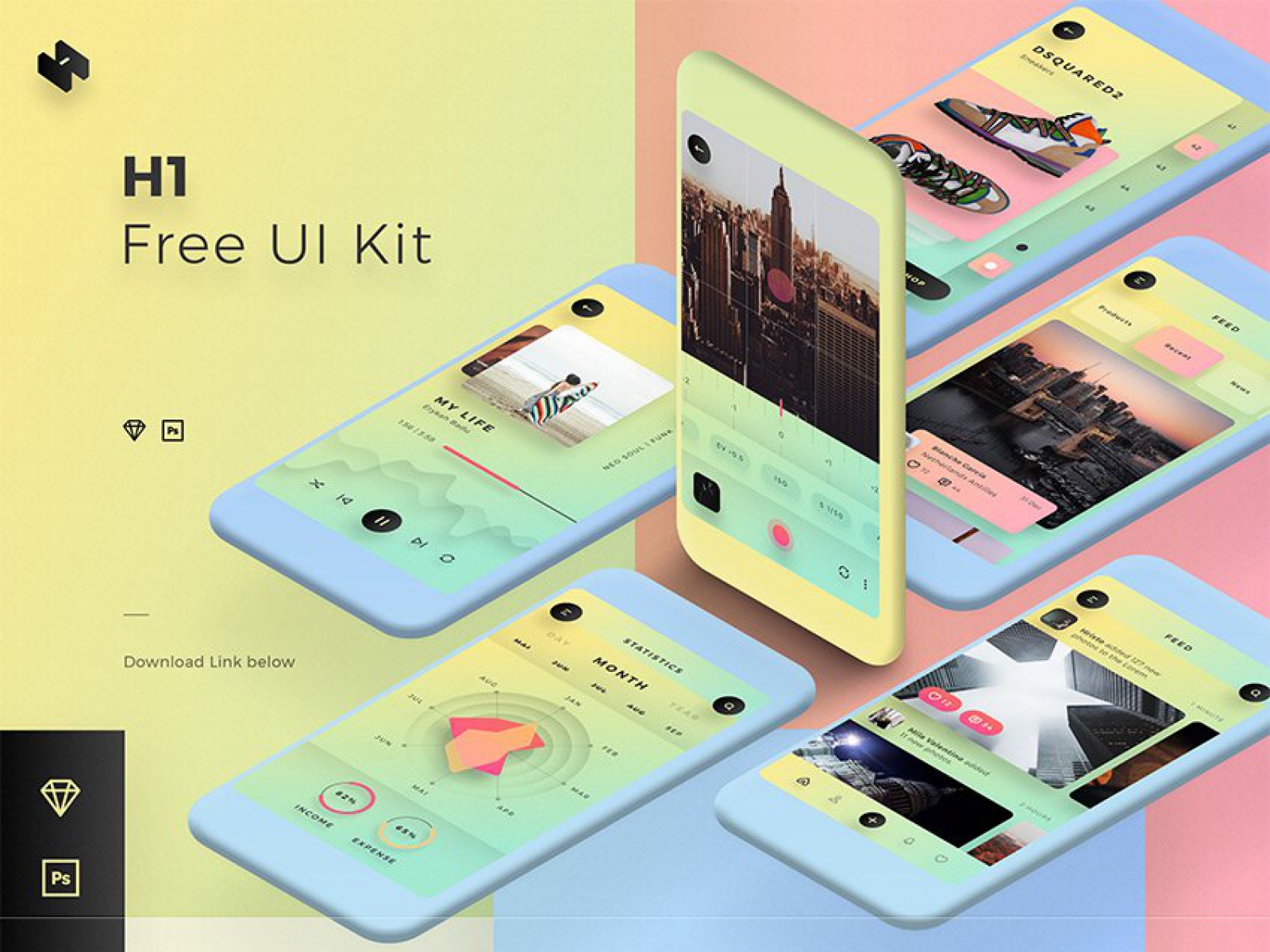 H1 Free App Design UI Kit for Figma and Adobe XD No 1